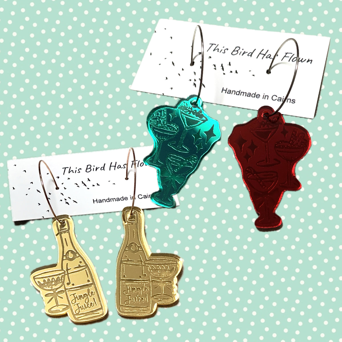 THIS BIRD HAS FLOWN - “Christmas Cocktails” MISMATCHED DANGLES- SILVER HOOPS