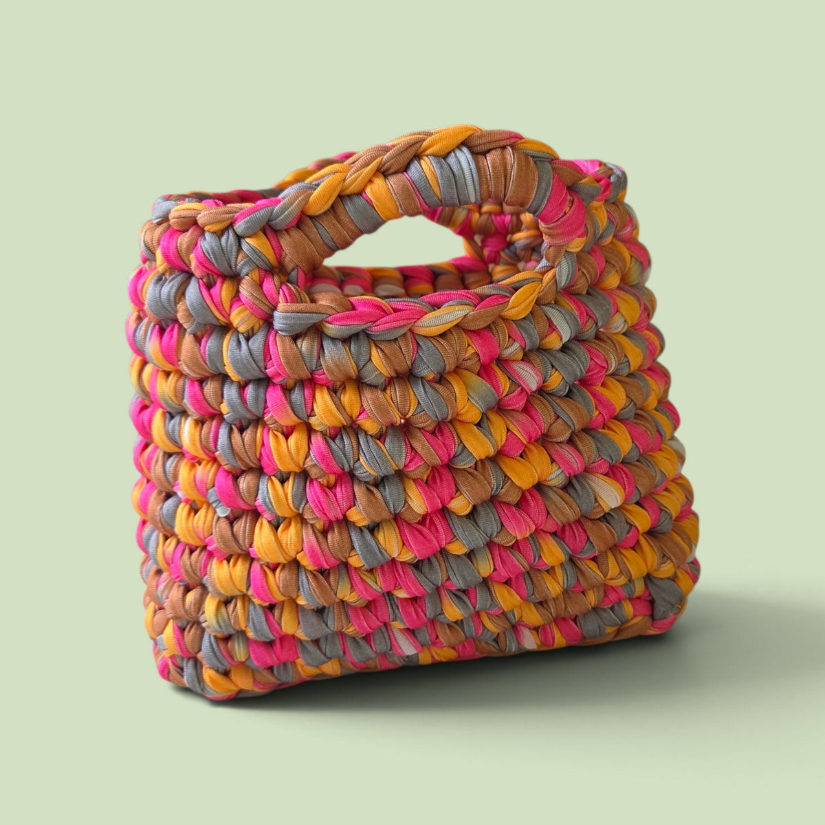 FIBRESCAPE - T-Shirt Yarn Bag With Crocheted Handles Brights Pink/Orange/Grey