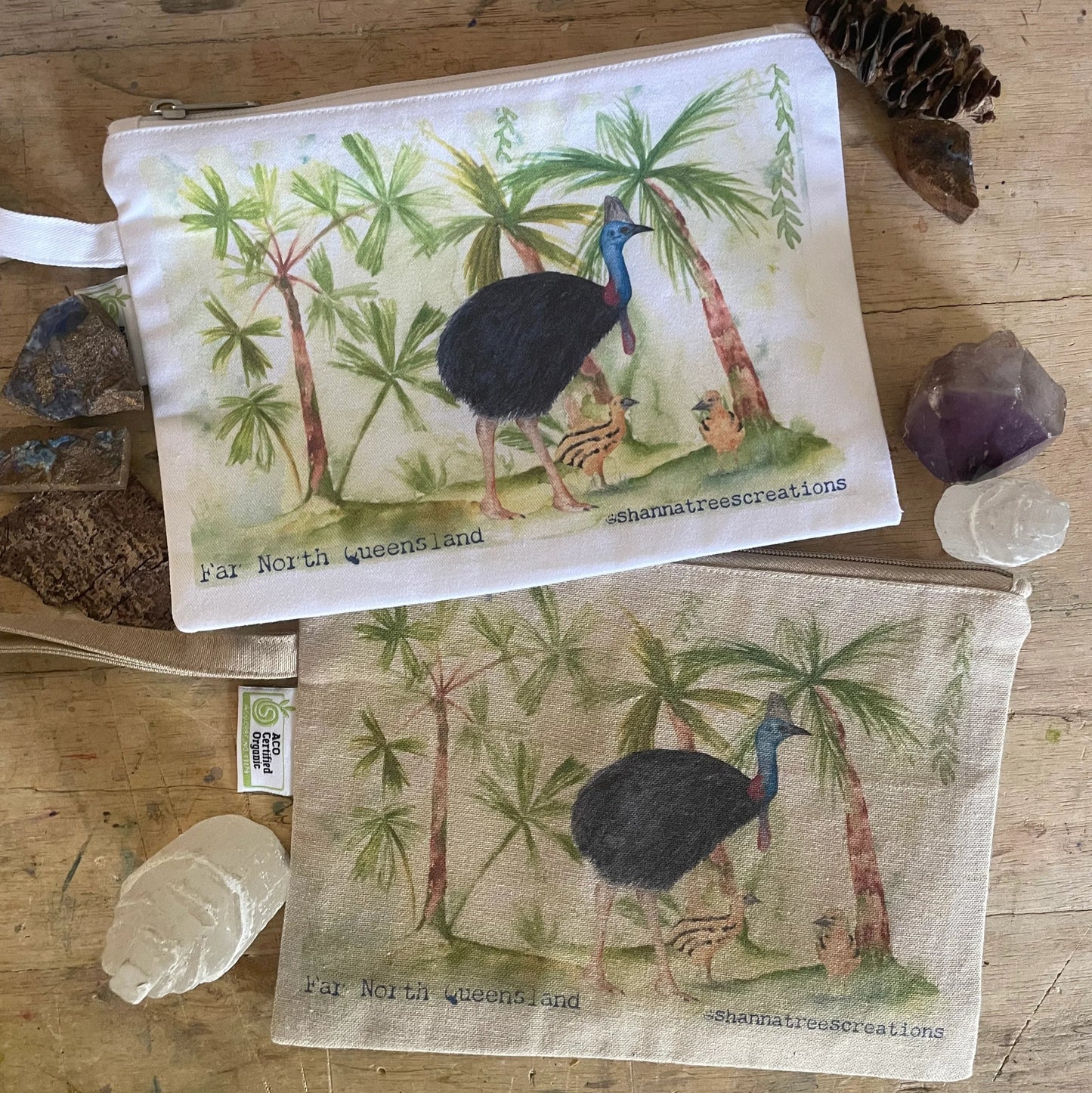Shanna Trees Creations- "Cassowary & Chicks" Organic Cotton Zip Pouches- White