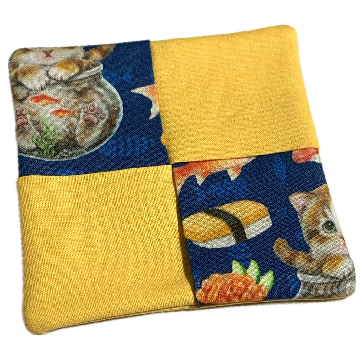 MUMMA WHOOPEE- single WINE GLASS SLIPPER/COASTERS- SUSHI CATS YELLOW