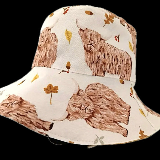 Teacups n Quilts - Highland Cows Fabric Hat- Adult Size