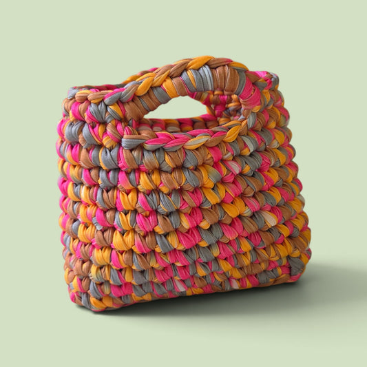 FIBRESCAPE - T-Shirt Yarn Bag With Crocheted Handles Brights Pink/Orange/Grey