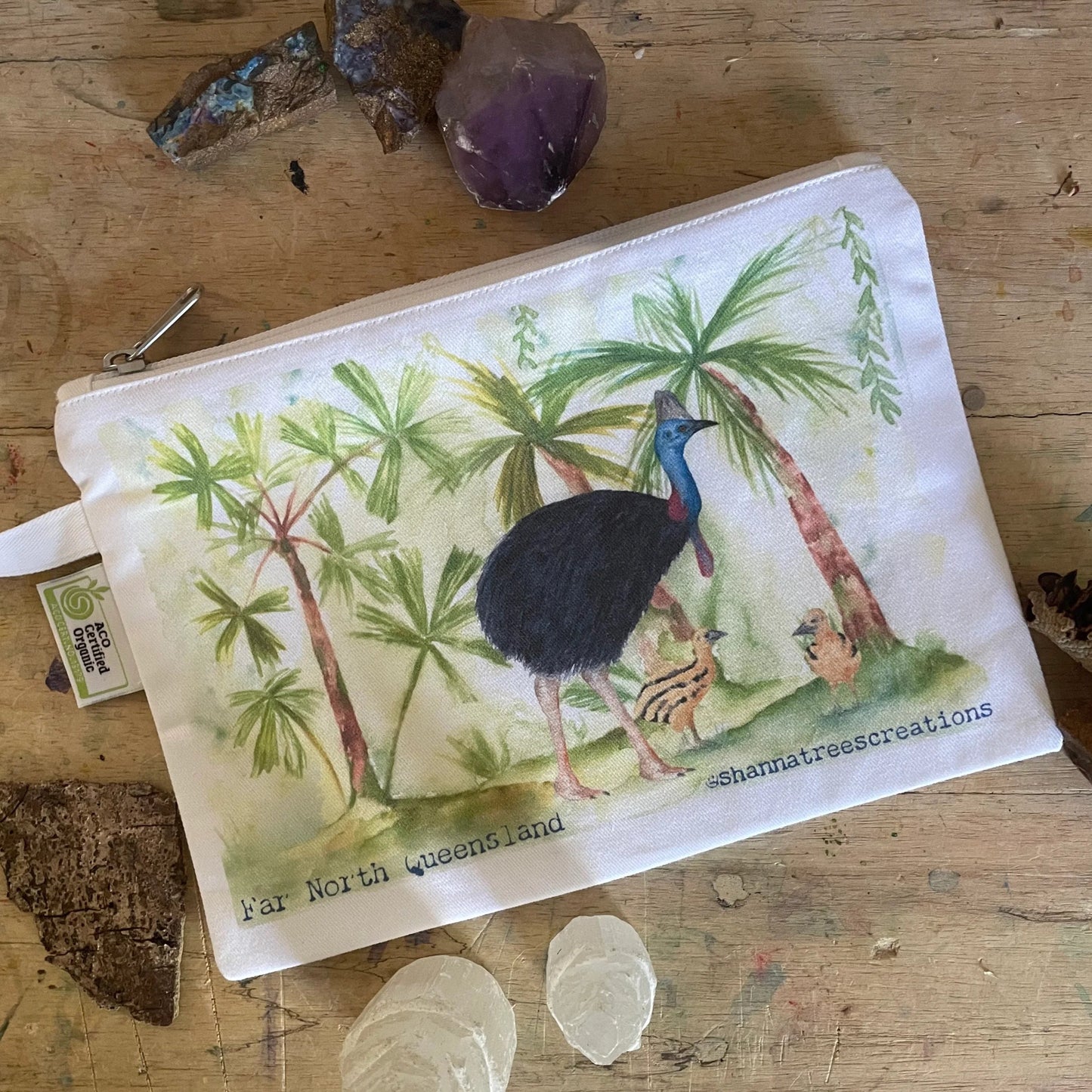 Shanna Trees Creations- "Cassowary & Chicks" Organic Cotton Zip Pouches- White
