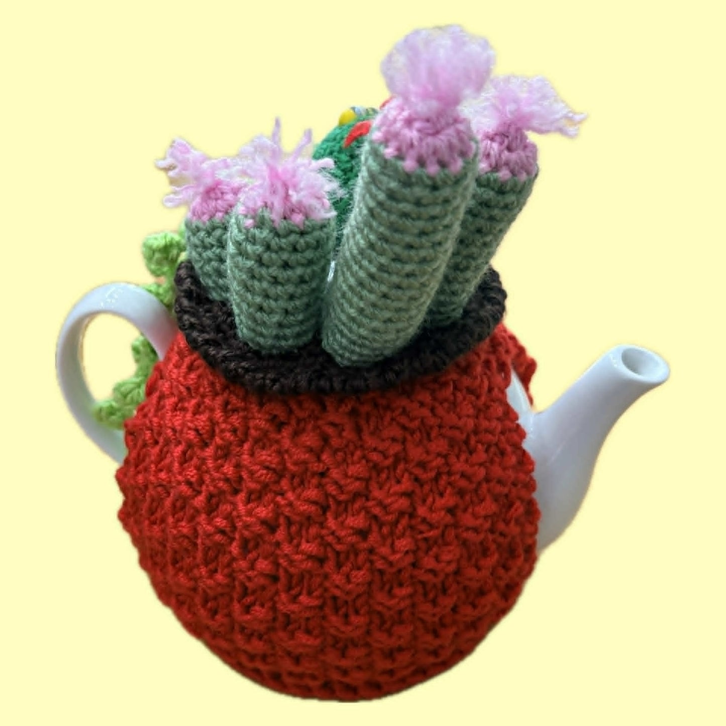 BEAKNITS- CROCHET TEA COSY - RED WITH CACTI, SUCCULENTS AND LADYBUGS