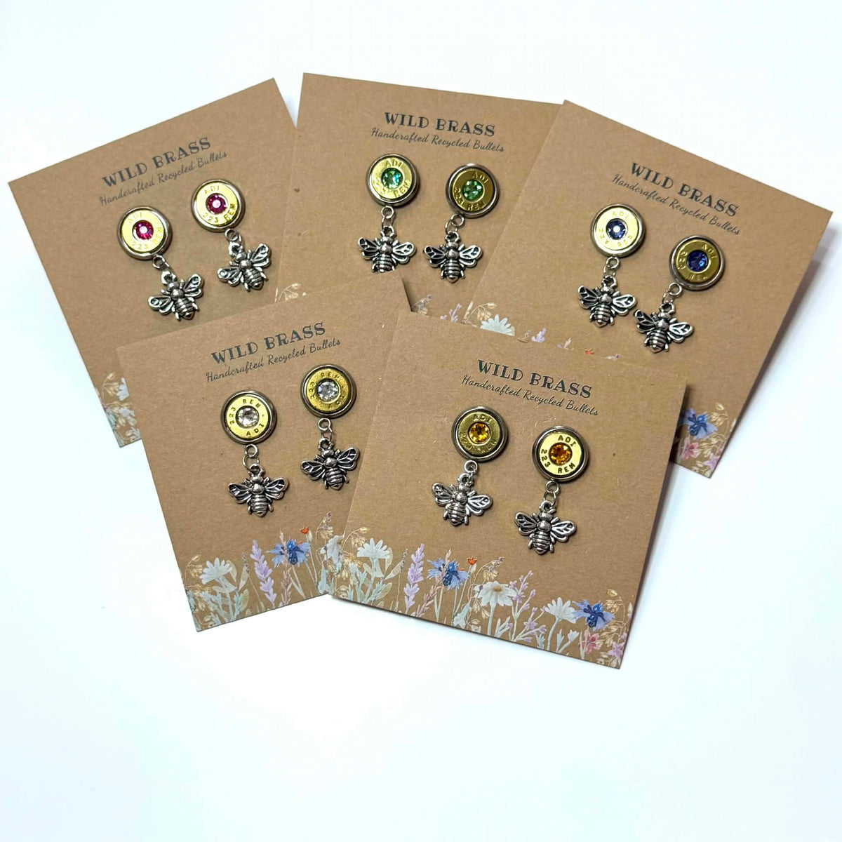 WILD BRASS- Charm Stud Dangles - Bee with Purple Swarovski Crystals