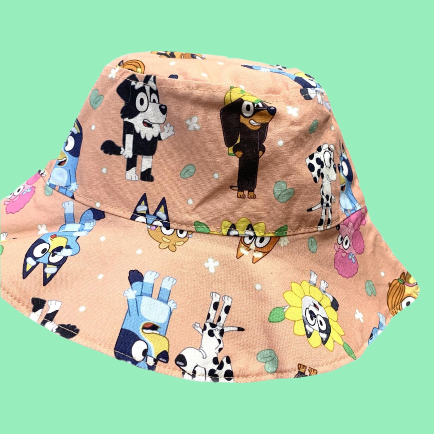 Teacups n Quilts- Bluey Characters Peach Fabric Hat- Kids Size Small