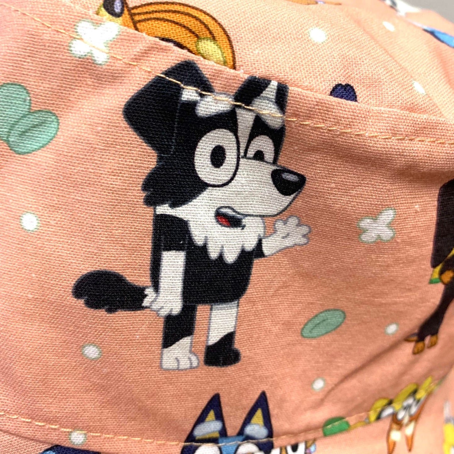 Teacups n Quilts- Bluey Characters Peach Fabric Hat- Kids Size Small