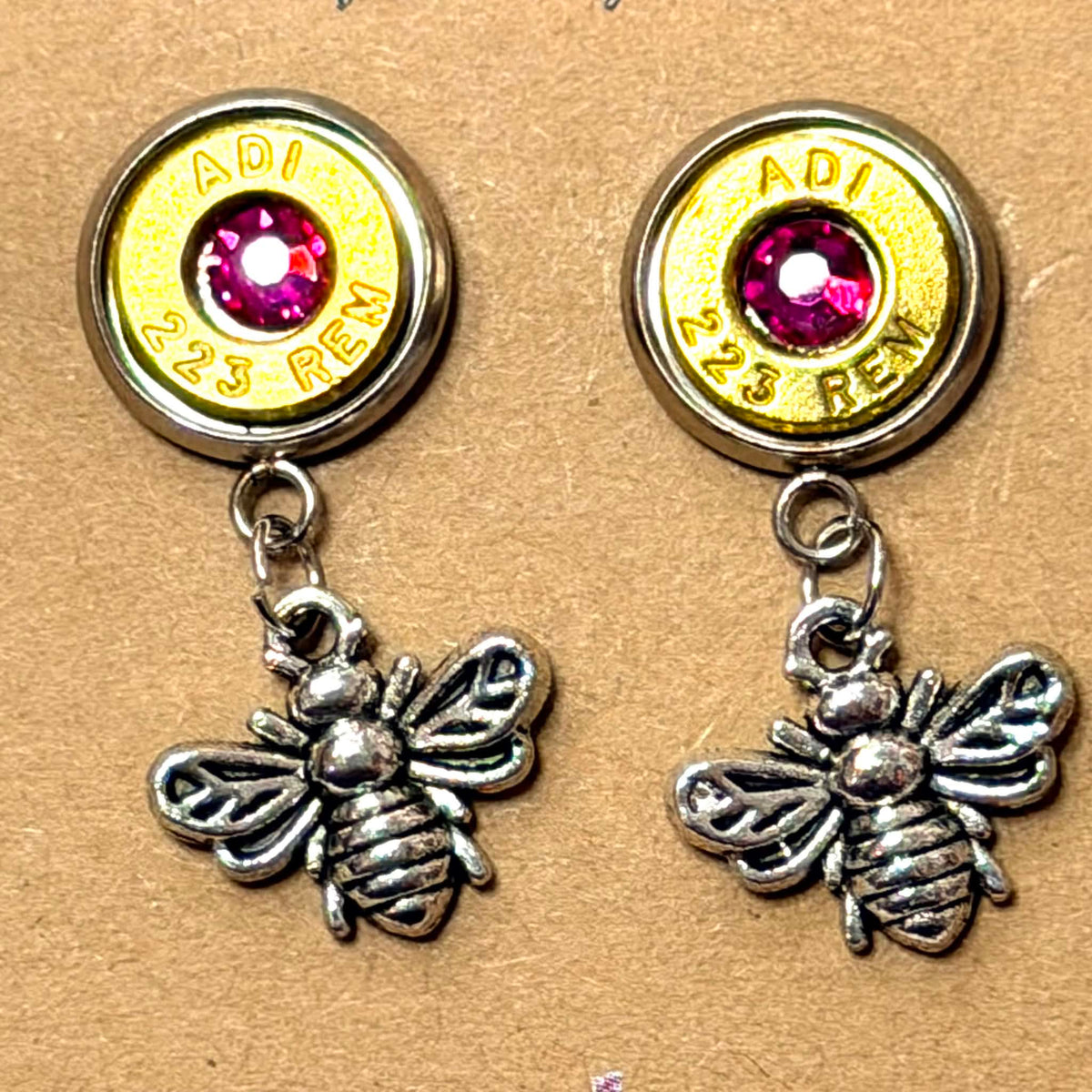 WILD BRASS- Charm Stud Dangles - Bee with Dark Pink Swarovski Crystals