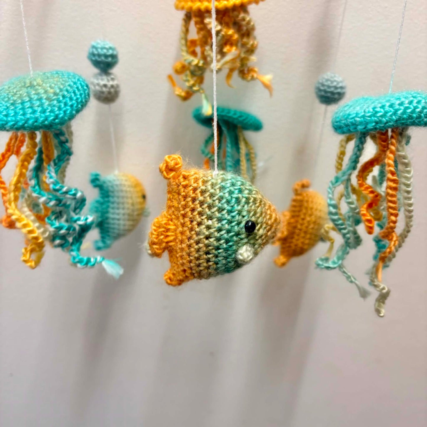 BEAKNITS- CROCHETED UNDER THE SEA MOBILE #6- Blue Ring with jellyfish and fish