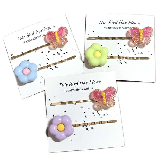 THIS BIRD HAS FLOWN - Mismatched Butterfly Purple Flower - Hair Pins