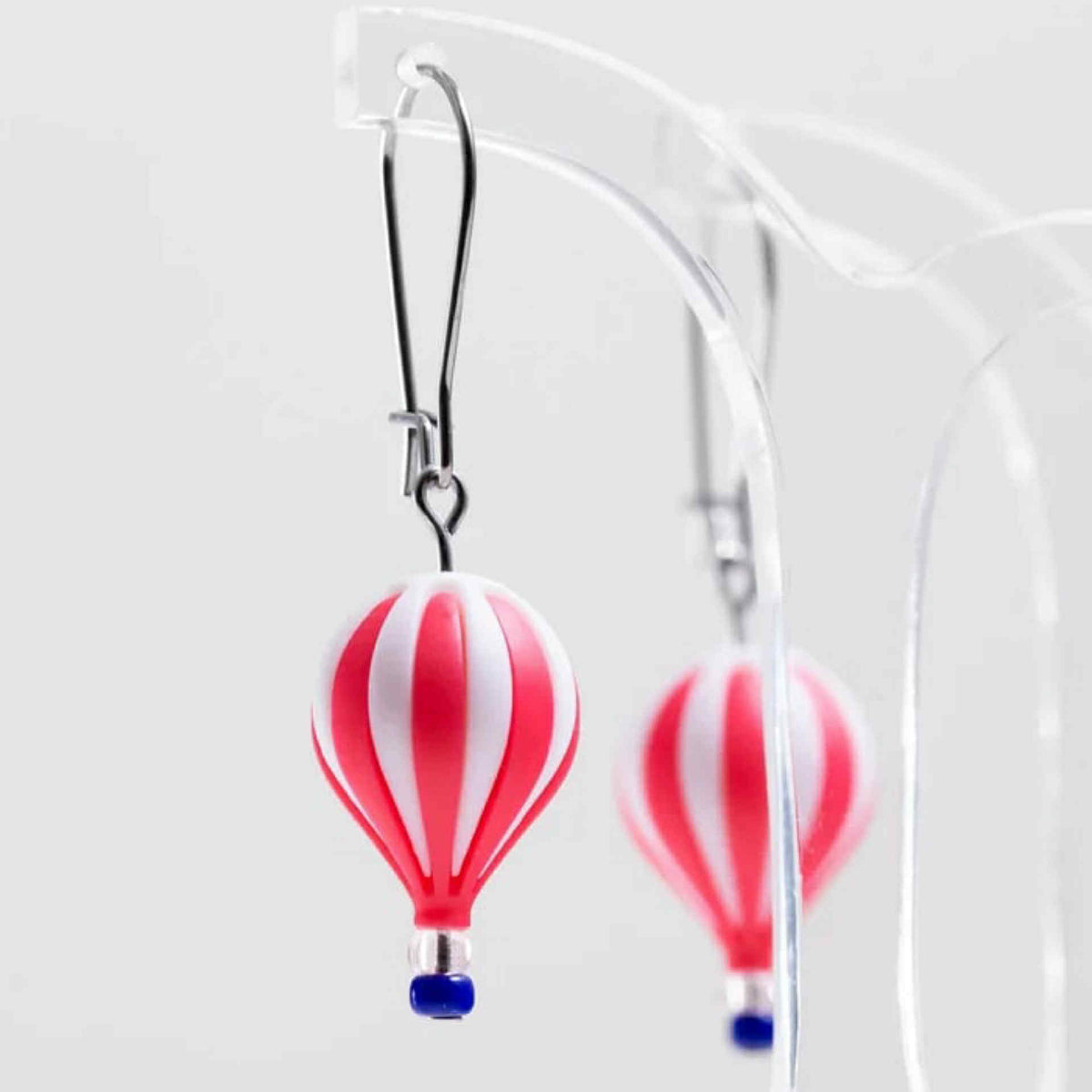 CLAIRE ISHINO- 3D Printed Resin Hot Air Balloon Earrings - Red & White Stripes with Glass Bead Basket