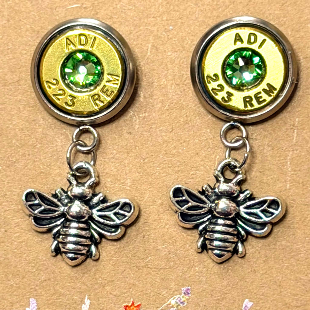 WILD BRASS- Charm Stud Dangles - Bee with Light Green Swarovski Crystals