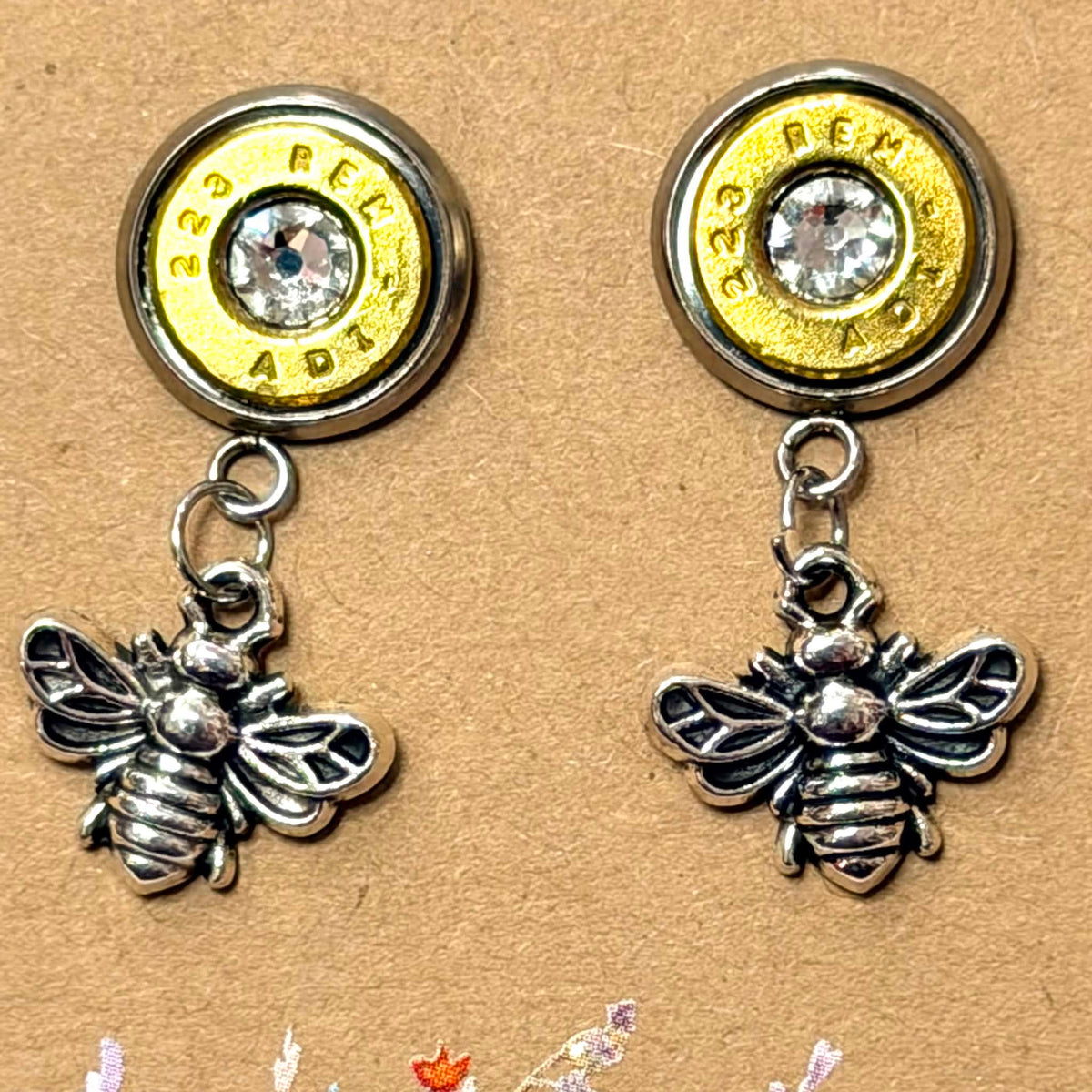 WILD BRASS- Charm Stud Dangles - Bee with Clear Swarovski Crystals