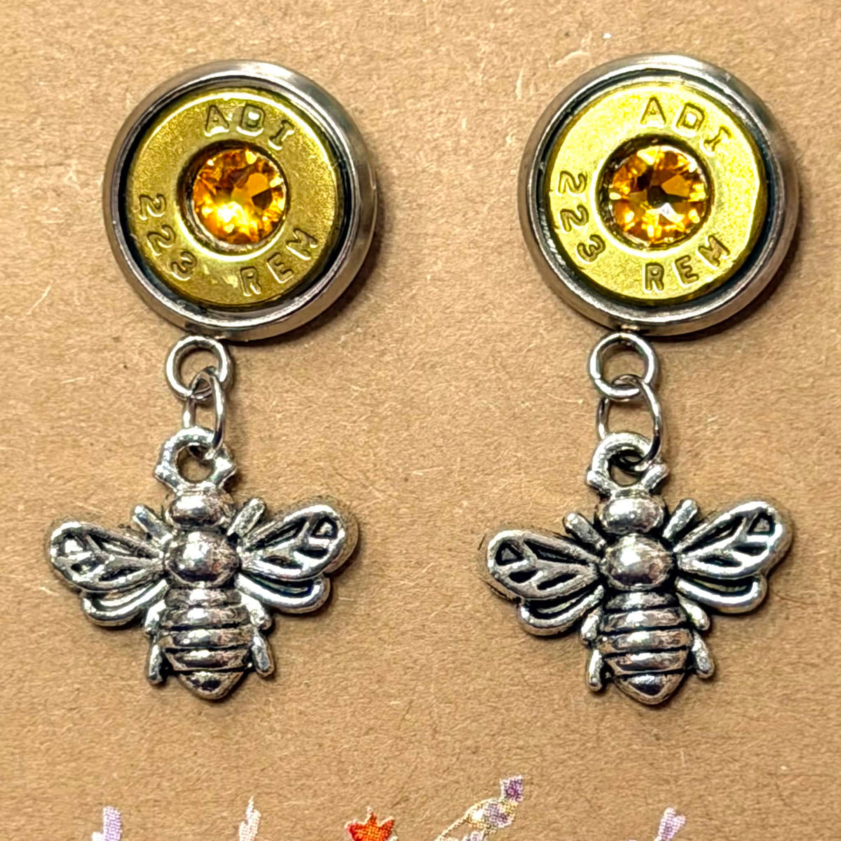 WILD BRASS- Charm Stud Dangles - Bee with Yellow Swarovski Crystals