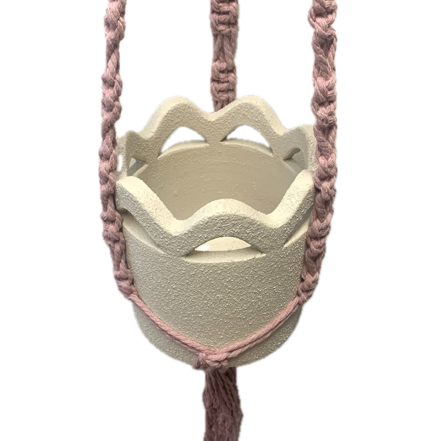 THIS BIRD HAS FLOWN - Macrame Pot Holder- Mauve Interrupted Weave with Pot