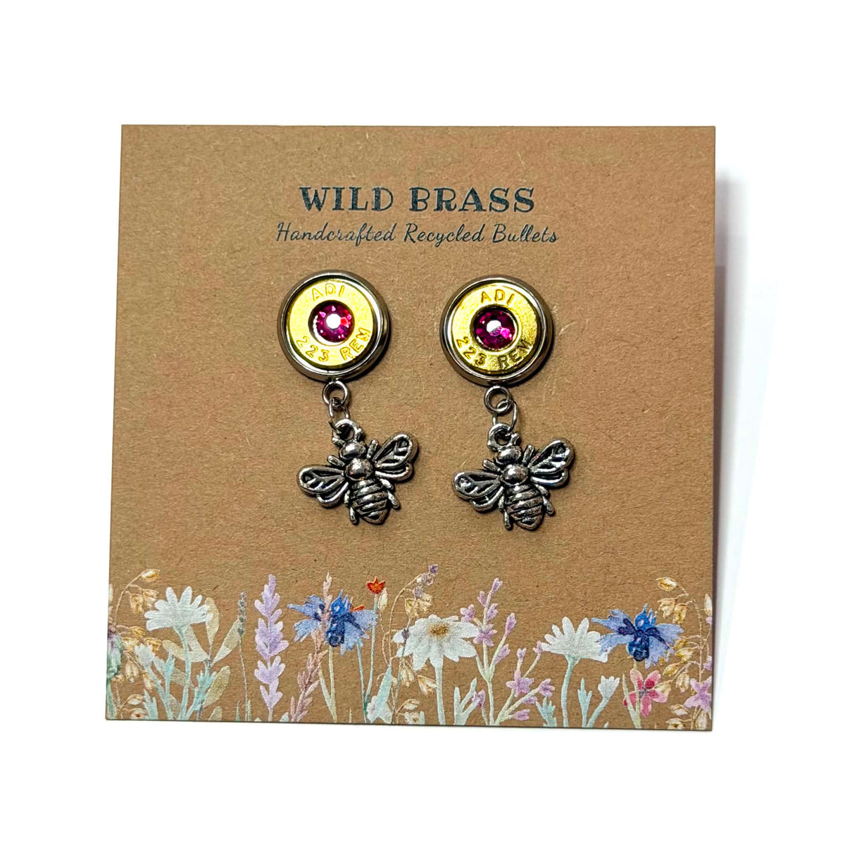 WILD BRASS- Charm Stud Dangles - Bee with Dark Pink Swarovski Crystals