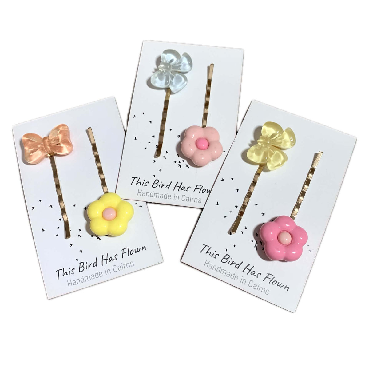 THIS BIRD HAS FLOWN - Mismatched Blue Bow Pink Flower - Hair Pins