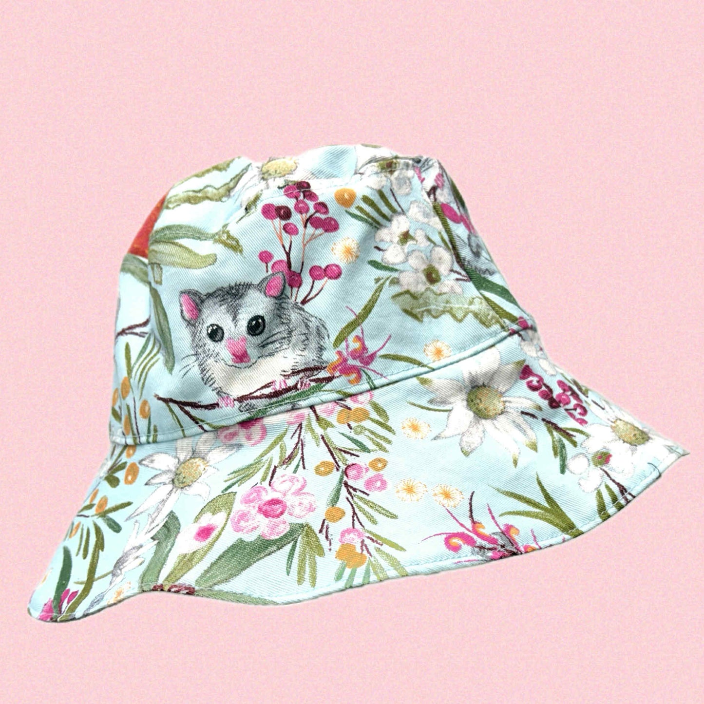 Teacups n Quilts- Blue Possum and Banksia Fabric Hat- Kids Size Large