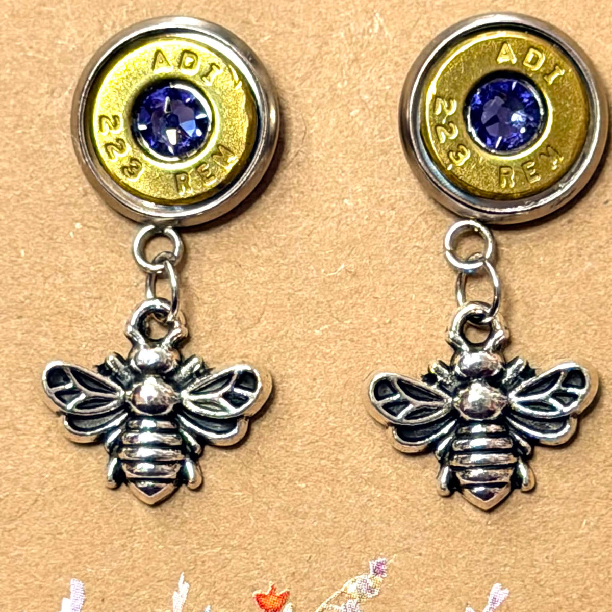 WILD BRASS- Charm Stud Dangles - Bee with Purple Swarovski Crystals