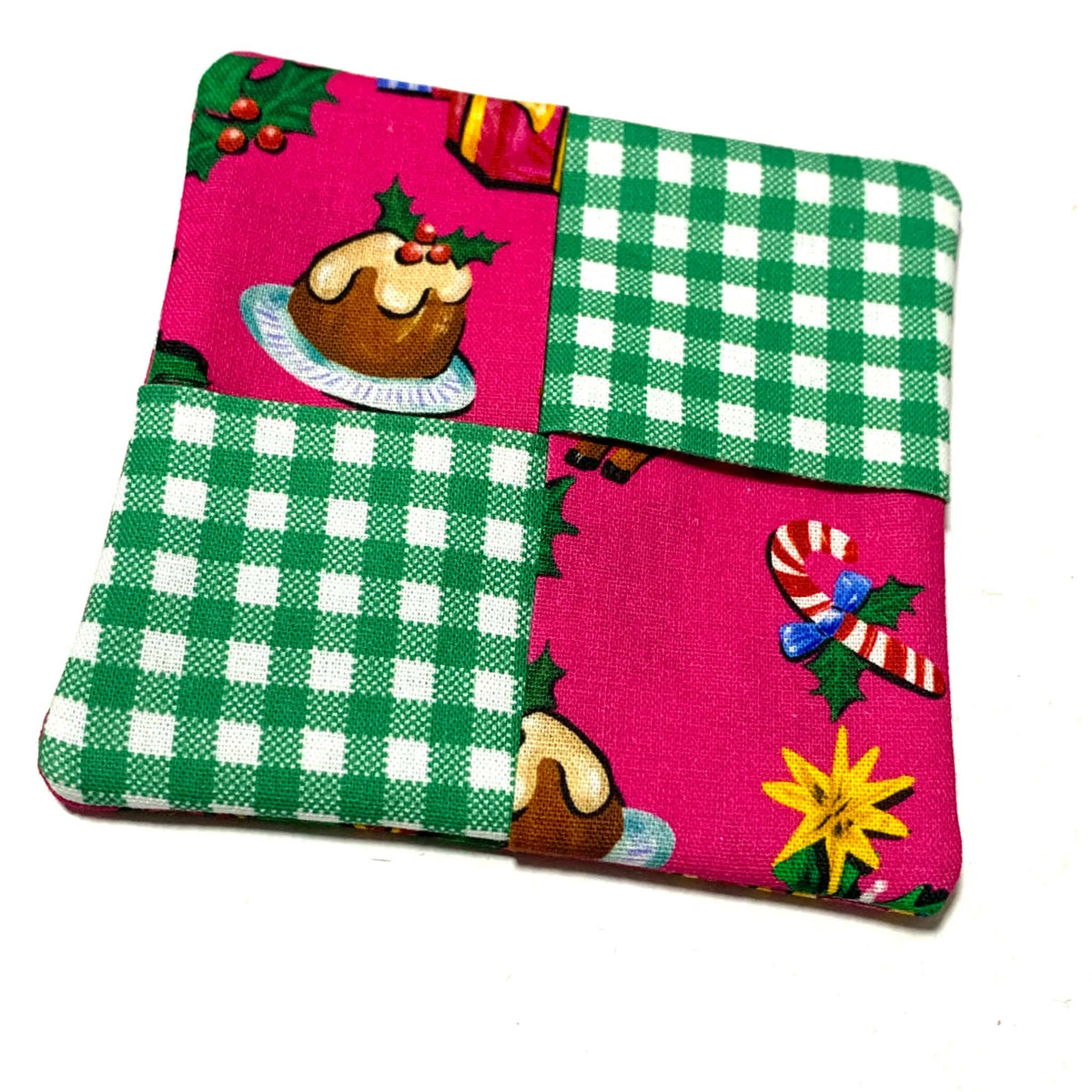 MUMMA WHOOPEE- SINGLE CHRISTMAS WINE GLASS SLIPPER/COASTERS- Jolly Christmas (pink) and Green Check