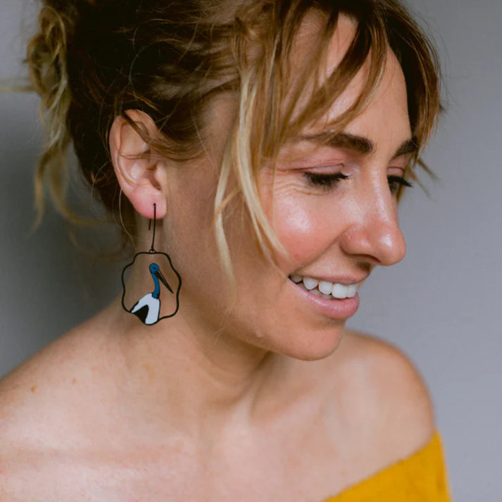 DENZ & CO - Australian Jabiru earrings in Black, Blue & White