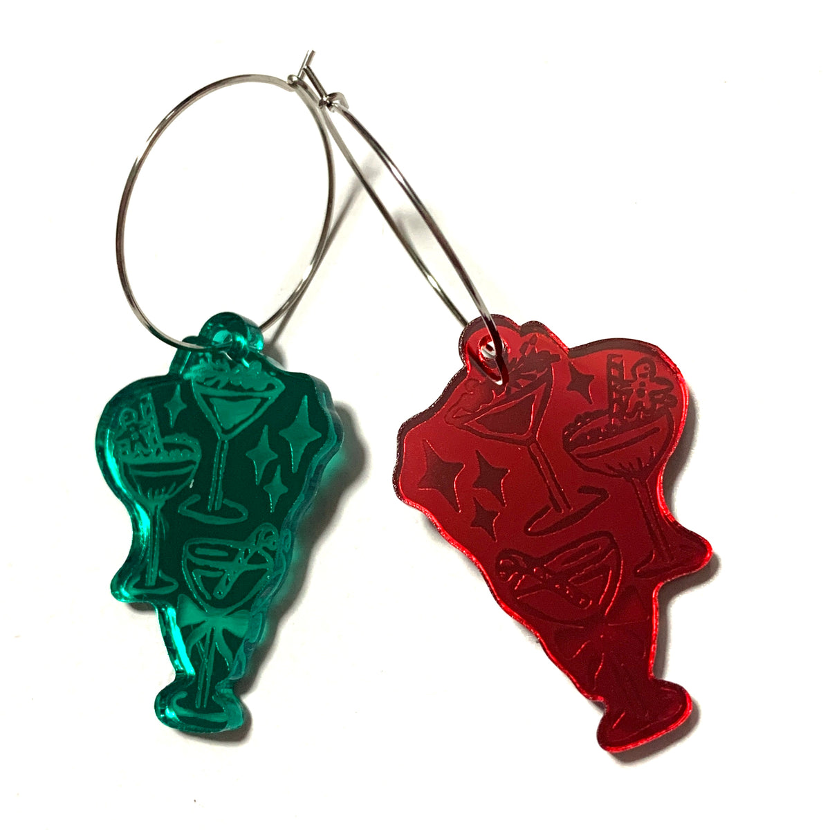 THIS BIRD HAS FLOWN - “Christmas Cocktails” MISMATCHED DANGLES- SILVER HOOPS