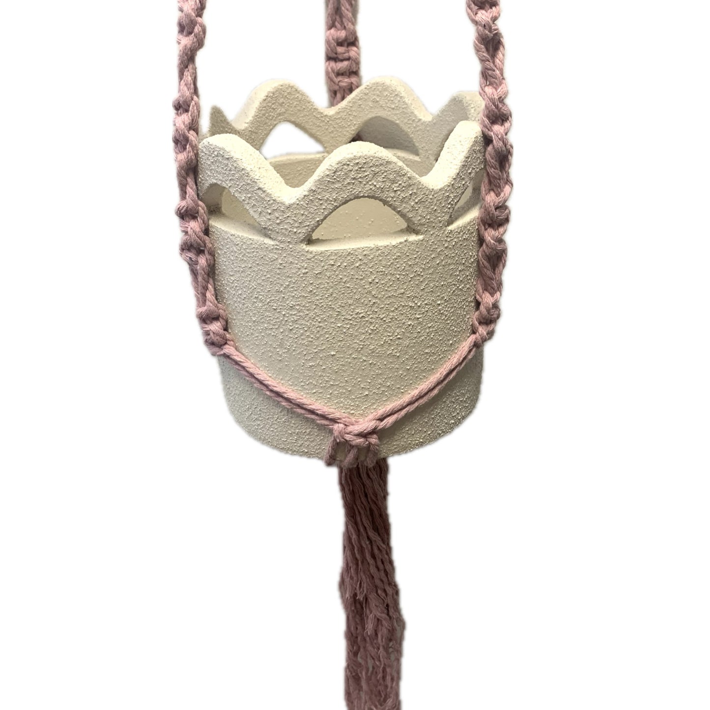 THIS BIRD HAS FLOWN - Macrame Pot Holder- Mauve Interrupted Weave with Pot