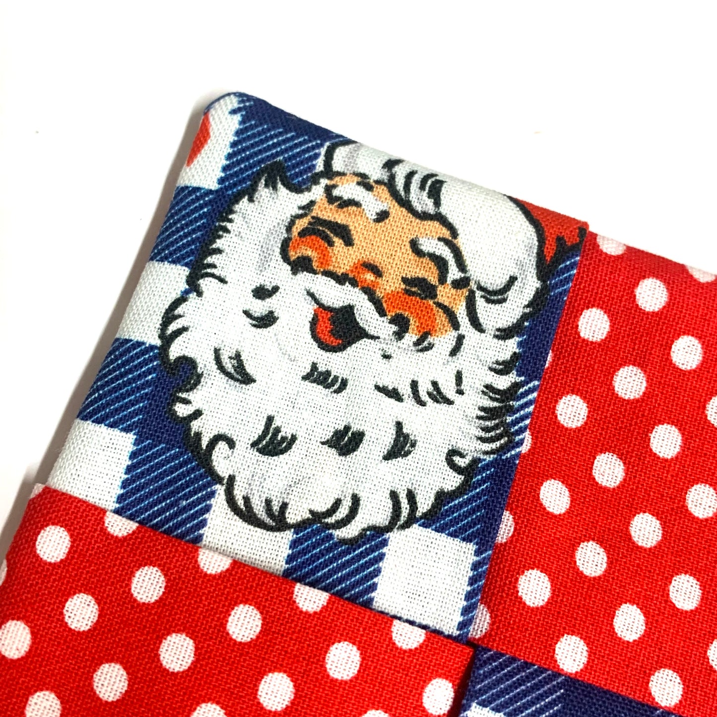 MUMMA WHOOPEE- SINGLE CHRISTMAS WINE GLASS SLIPPER/COASTERS- Blue Check Santa & Spots