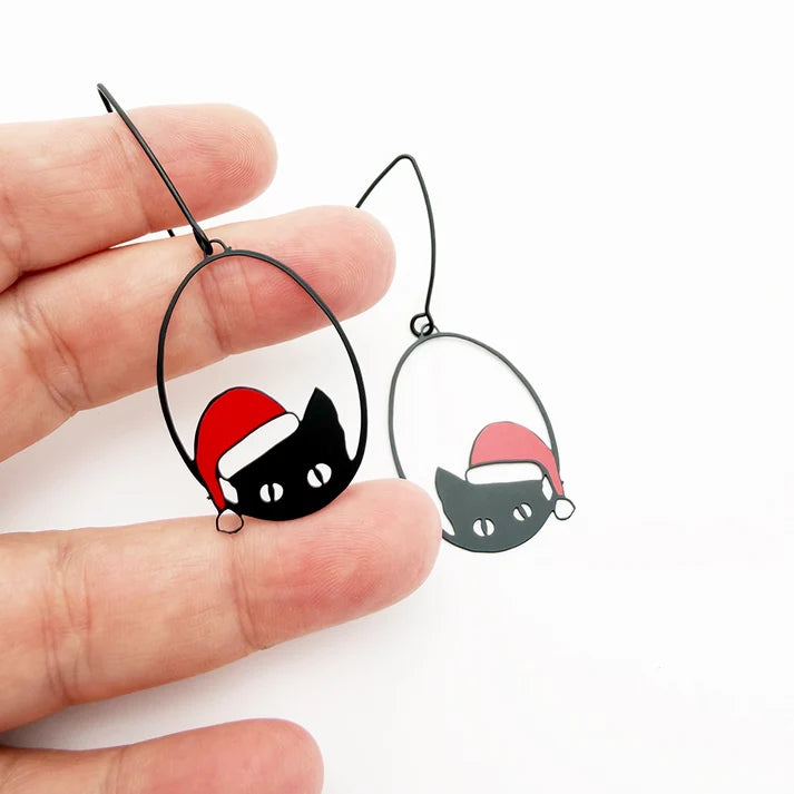 DENZ & CO- Christmas Cat in Black and Red - DANGLE EARRINGS