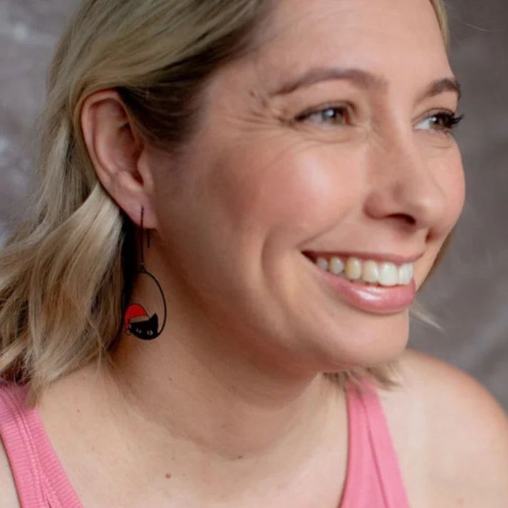 DENZ & CO- Christmas Cat in Black and Red - DANGLE EARRINGS