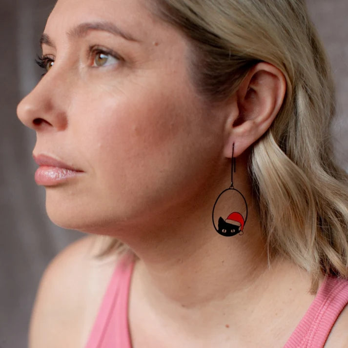 DENZ & CO- Christmas Cat in Black and Red - DANGLE EARRINGS