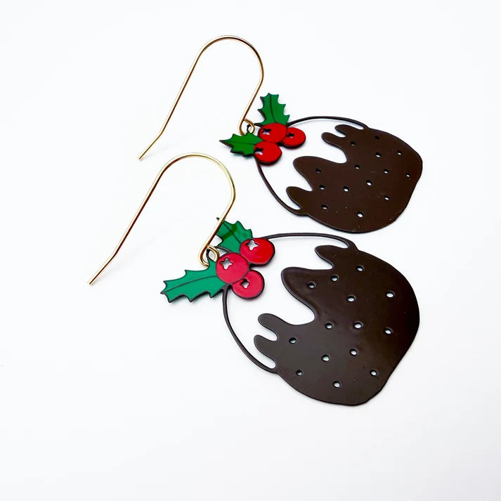 DENZ & CO- Christmas Pudding Earrings in Brown Red and Green - DANGLE EARRINGS