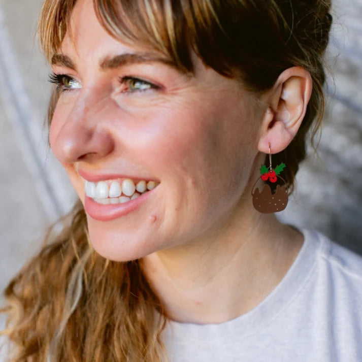 DENZ & CO- Christmas Pudding Earrings in Brown Red and Green - DANGLE EARRINGS