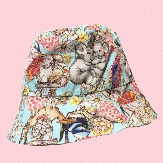 Teacups n Quilts - May Gibbs Fabric Hat - Blue Background (Koala)- Kids Size Small