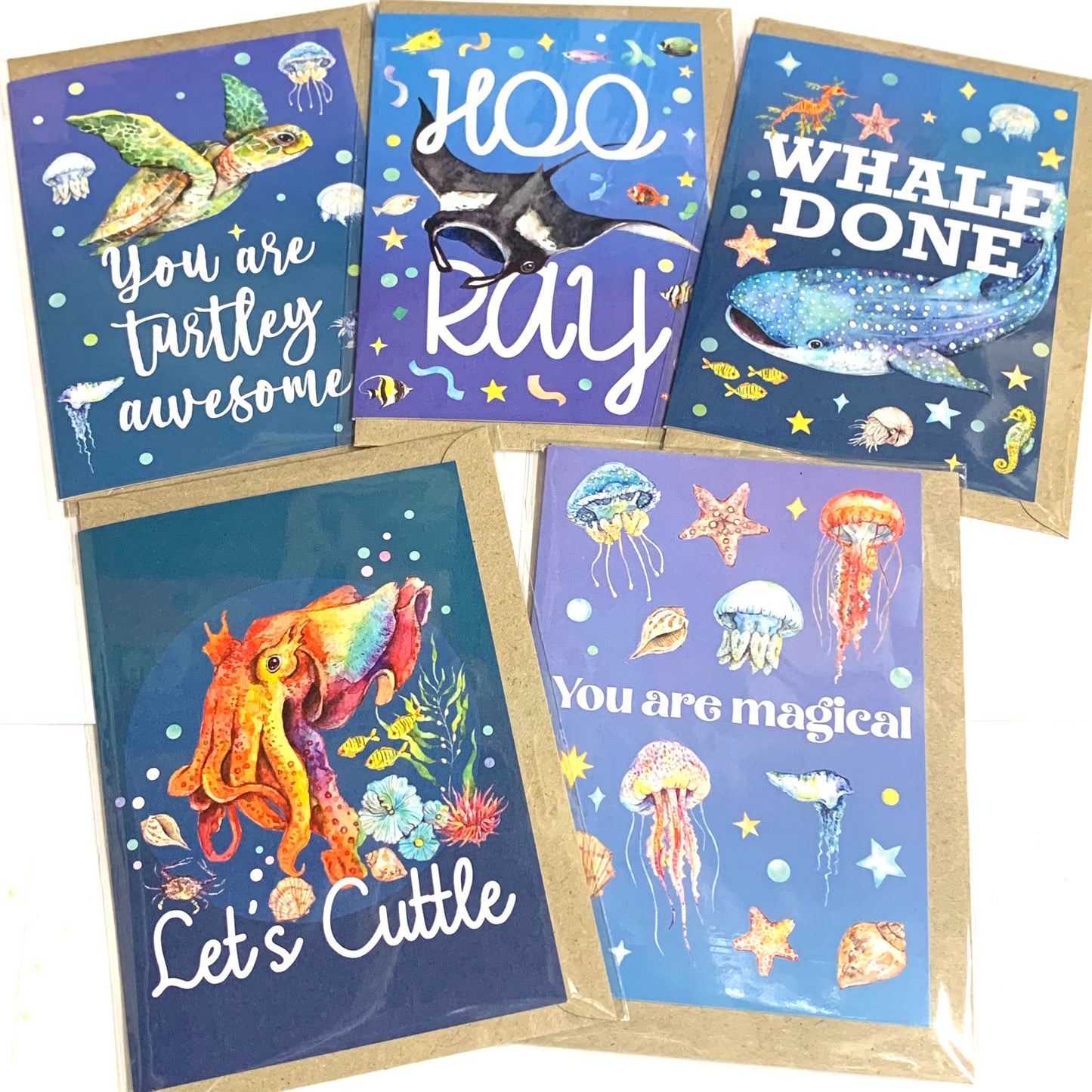 WATERCOLOURS BY CAT- Turtley Awesome Greeting Card- Turtle & Jellyfish
