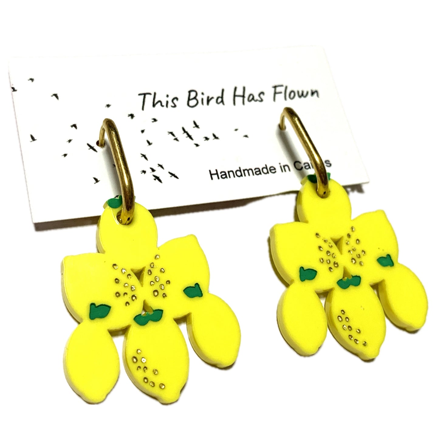 THIS BIRD HAS FLOWN - “Med Earrings- Lemons” HUGGIE HOOP CHARM EARRINGS
