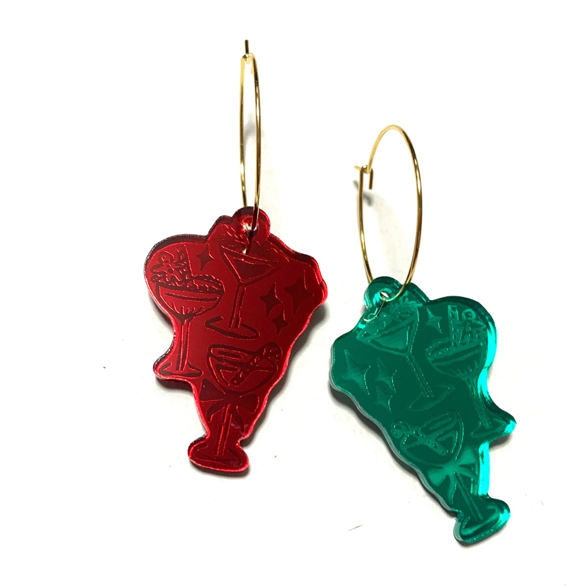 THIS BIRD HAS FLOWN - “Christmas Cocktails” MISMATCHED DANGLES- GOLD HOOPS