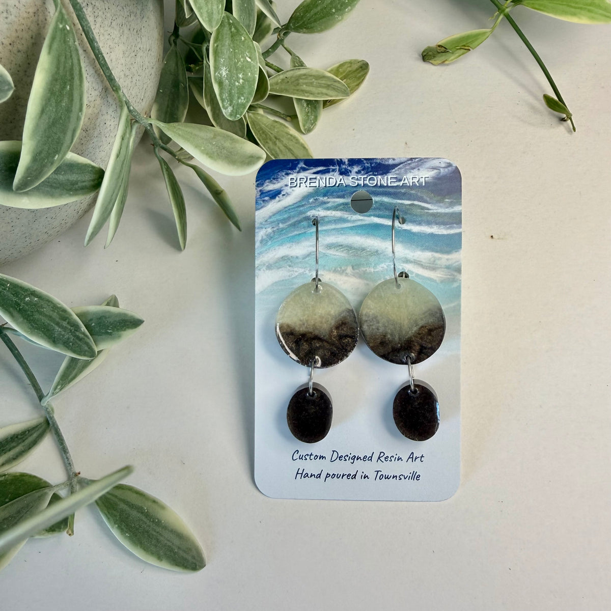 BRENDA STONE ART - Resin Double Drop Hoop Earrings - Chocolate