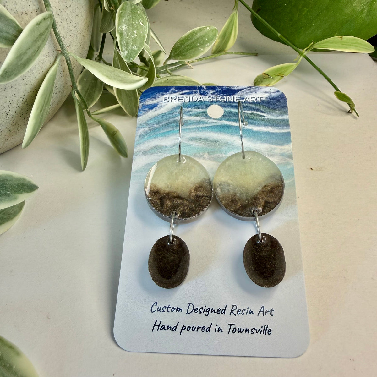 BRENDA STONE ART - Resin Double Drop Hoop Earrings - Chocolate