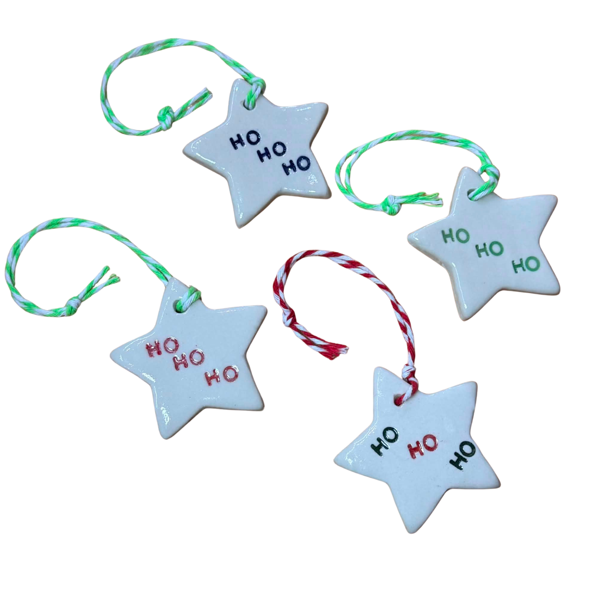 EARTH BY HAND- Clay Star Christmas Decorations- HO HO HO blue writing