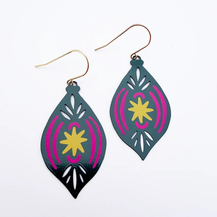 DENZ & CO- Vintage Ornament #2 earrings in Spruce, Pink and Yellow - DANGLE EARRINGS