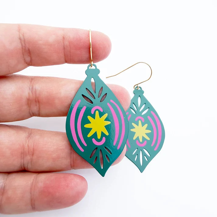 DENZ & CO- Vintage Ornament #2 earrings in Spruce, Pink and Yellow - DANGLE EARRINGS