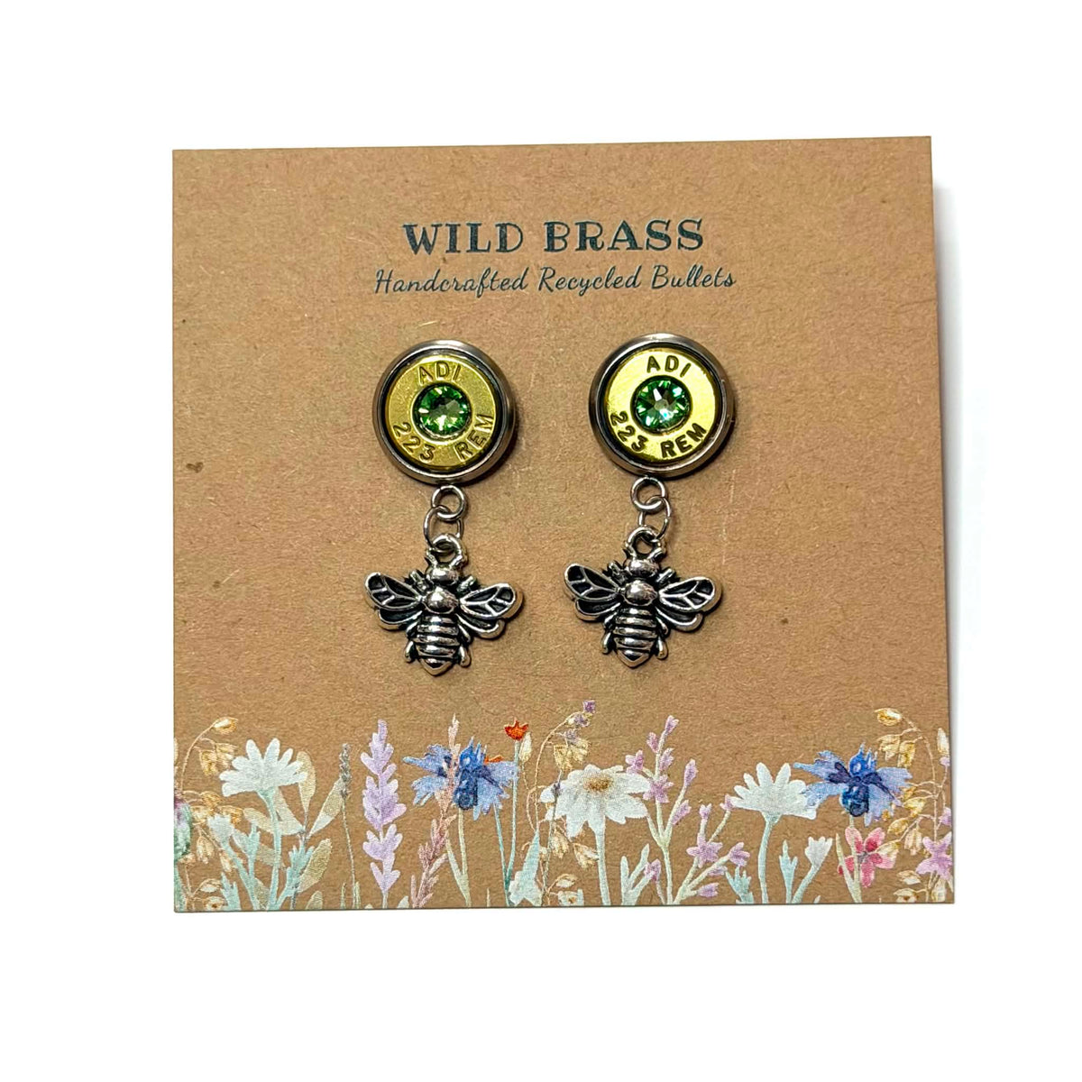 WILD BRASS- Charm Stud Dangles - Bee with Light Green Swarovski Crystals