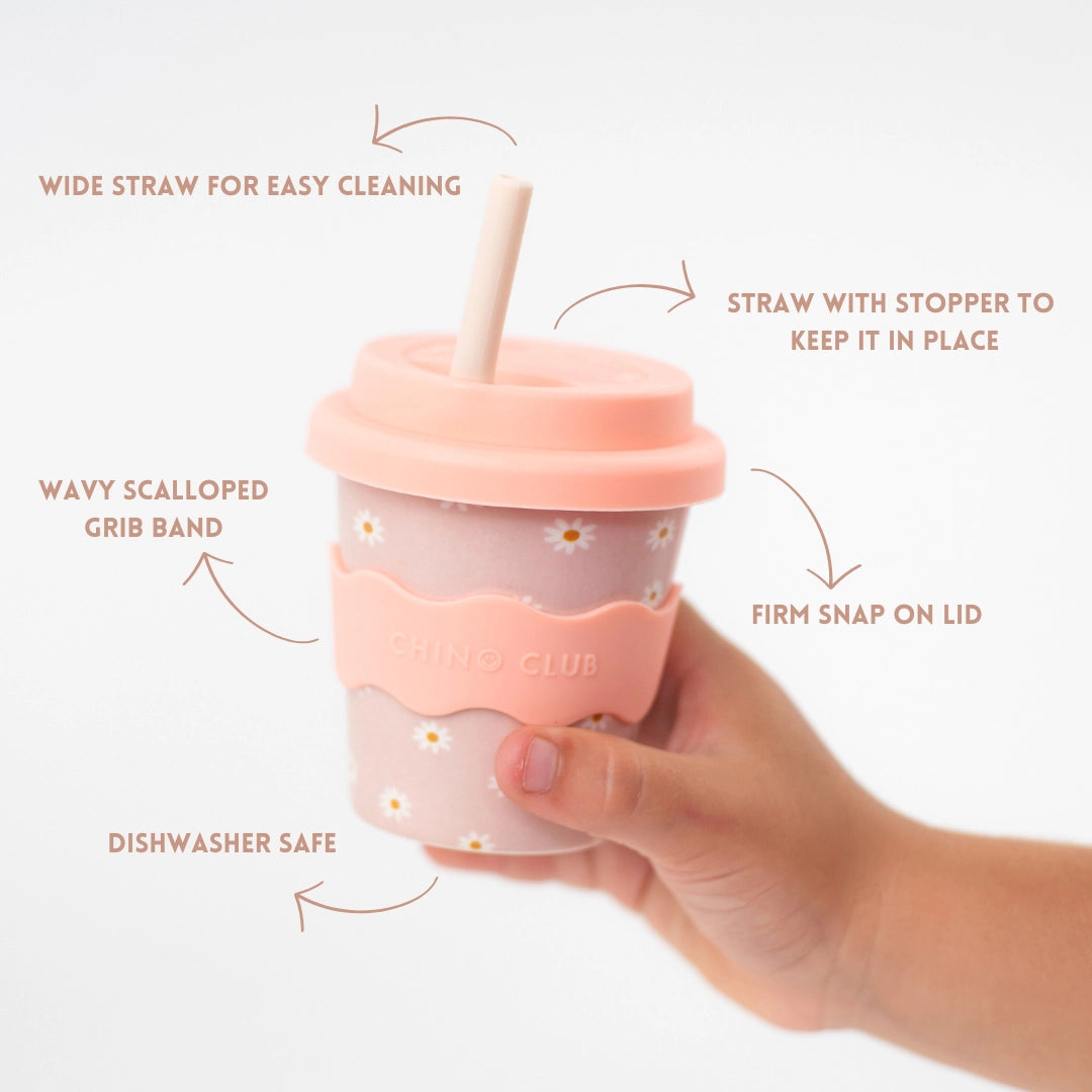 CHINO CLUB- Kids 4oz Reusable Babychino Cup- Pink Daisy