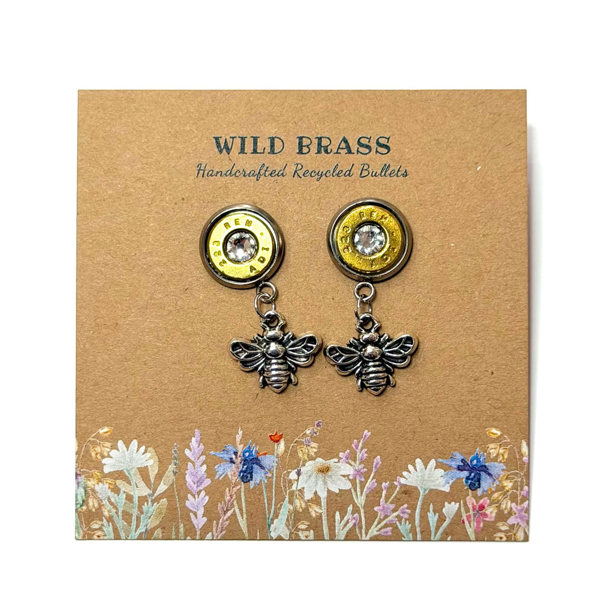 WILD BRASS- Charm Stud Dangles - Bee with Clear Swarovski Crystals