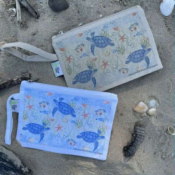 Shanna Trees Creations- "Turtles" Organic Cotton Zip Pouches- Natural
